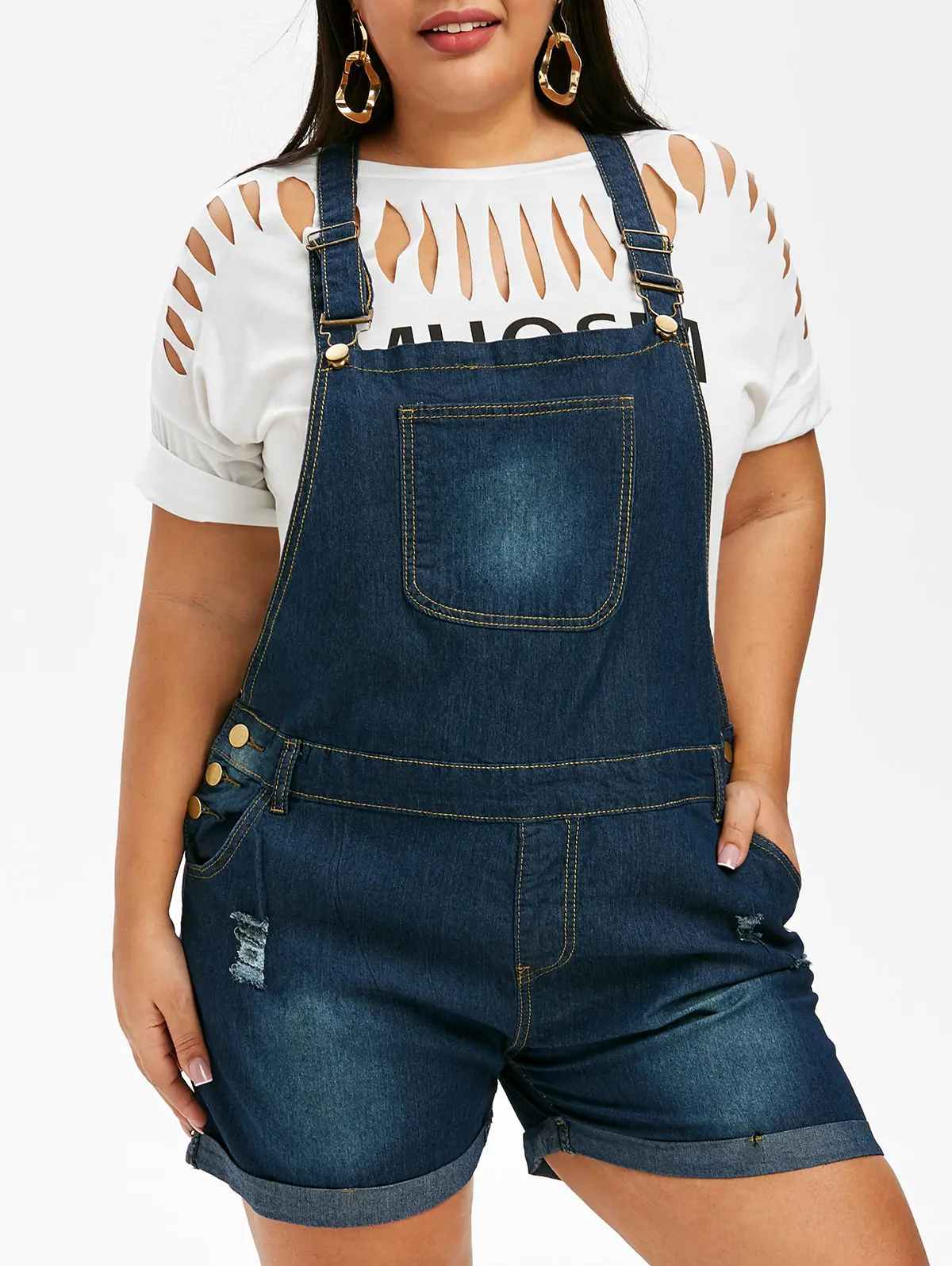 Denim Dark Blue Wipalo потертые с манжетами размера плюс, джинсовые комбинезоны для женщин, комбинезон с карманами и рваными украшениями, летний повседневный комбинезон - Цвет: Denim Dark Blue