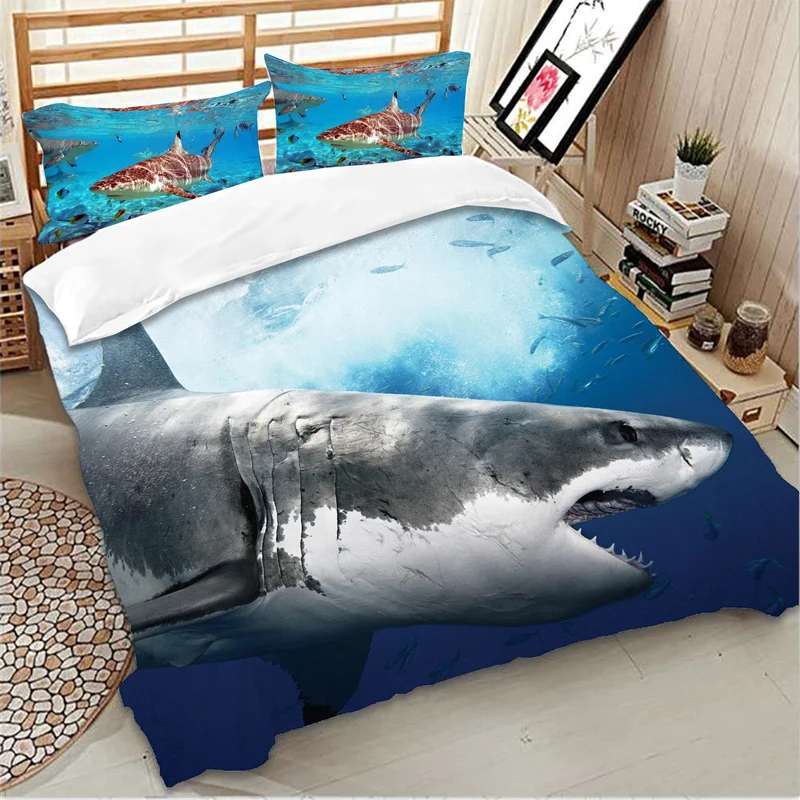 Комплект постельного белья из микрофибры с 3d цифровым принтом Синяя Акула белый