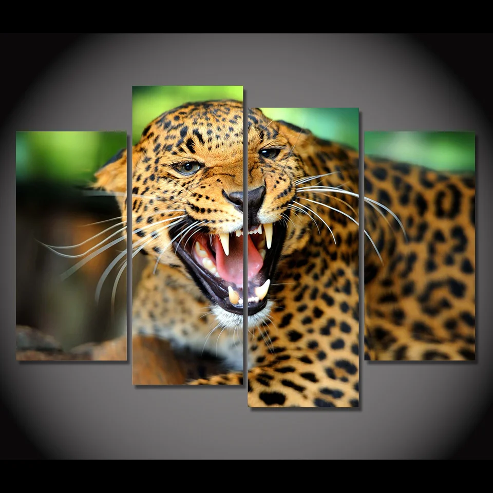 4 Panel Canvas Art Painting Leopard Growl Snarl Rage HD Printed Wall Poster Home Decor Picture for Living Room XA107C | Дом и сад