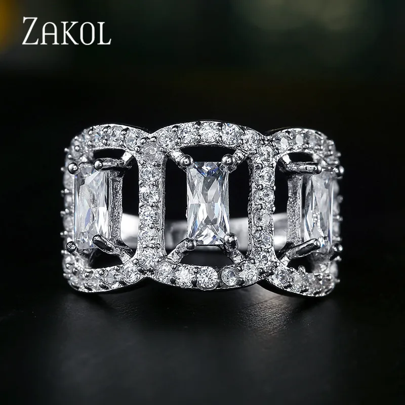 ZAKOL серебро Цвет Свадебные Открытые Кольца для Для женщин площадь Циркон