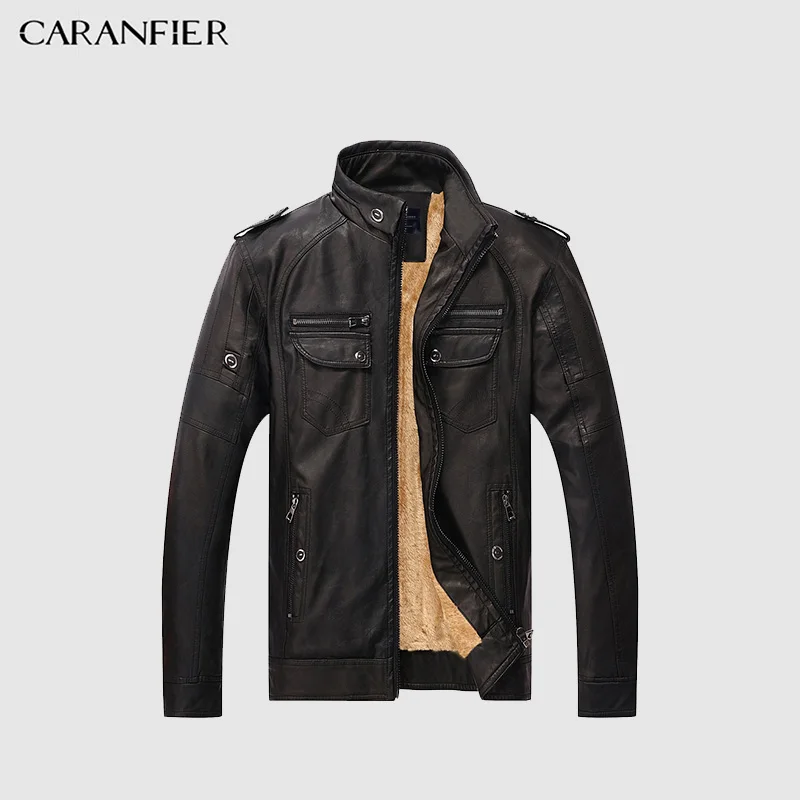 Черный CARANFIER мужские кожаные куртки зимние мужские из искусственного флиса плюс толстое теплое пальто байкерские мотоциклетные мужские классические куртки наивысшего качества - Цвет: Черный