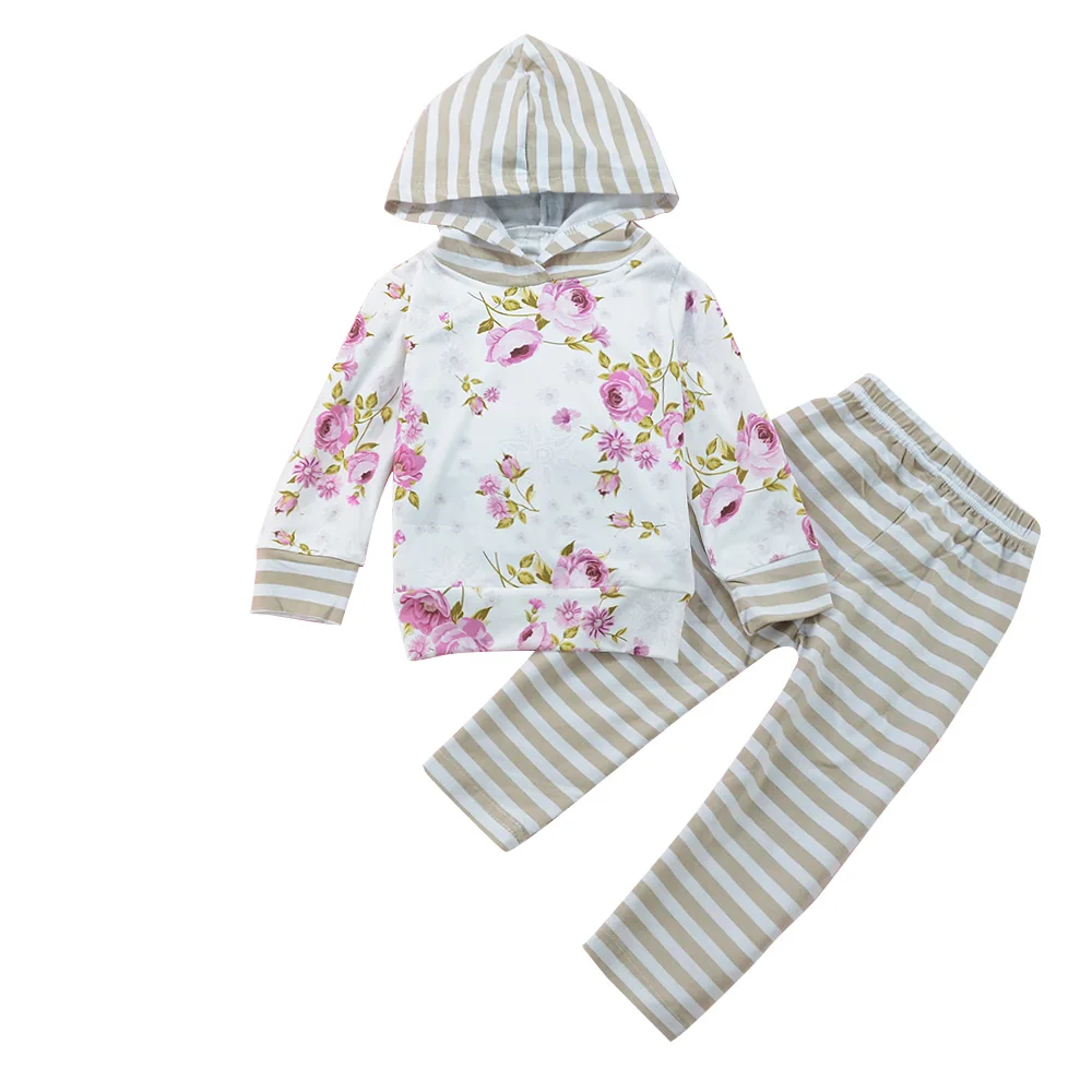 

Infant Newborn Baby Kleding Suit Floral Hooded Tops Striped Sweater Striped Pants 2pc Children Clothing Sets