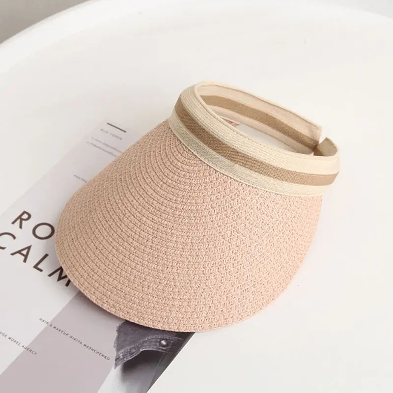 Adult Kids Summer Straw Weave Sun Protection Beach Hat Empty Top Contrast Color Stripe Family Large Wide Brim Clip-On Peaked Cap |