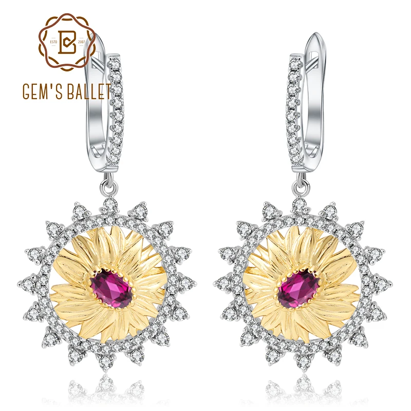 GEM'S BALLET 1.20Ct Natural Rhodolite Garnet Sunflower Drop Earrings 925 Sterling Silver Handmade for Women Brincos | Украшения и