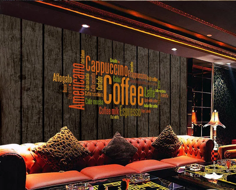 Фото Настенные обои Bacaz с английскими буквами деревянная панель 3D фон для кофе кафе