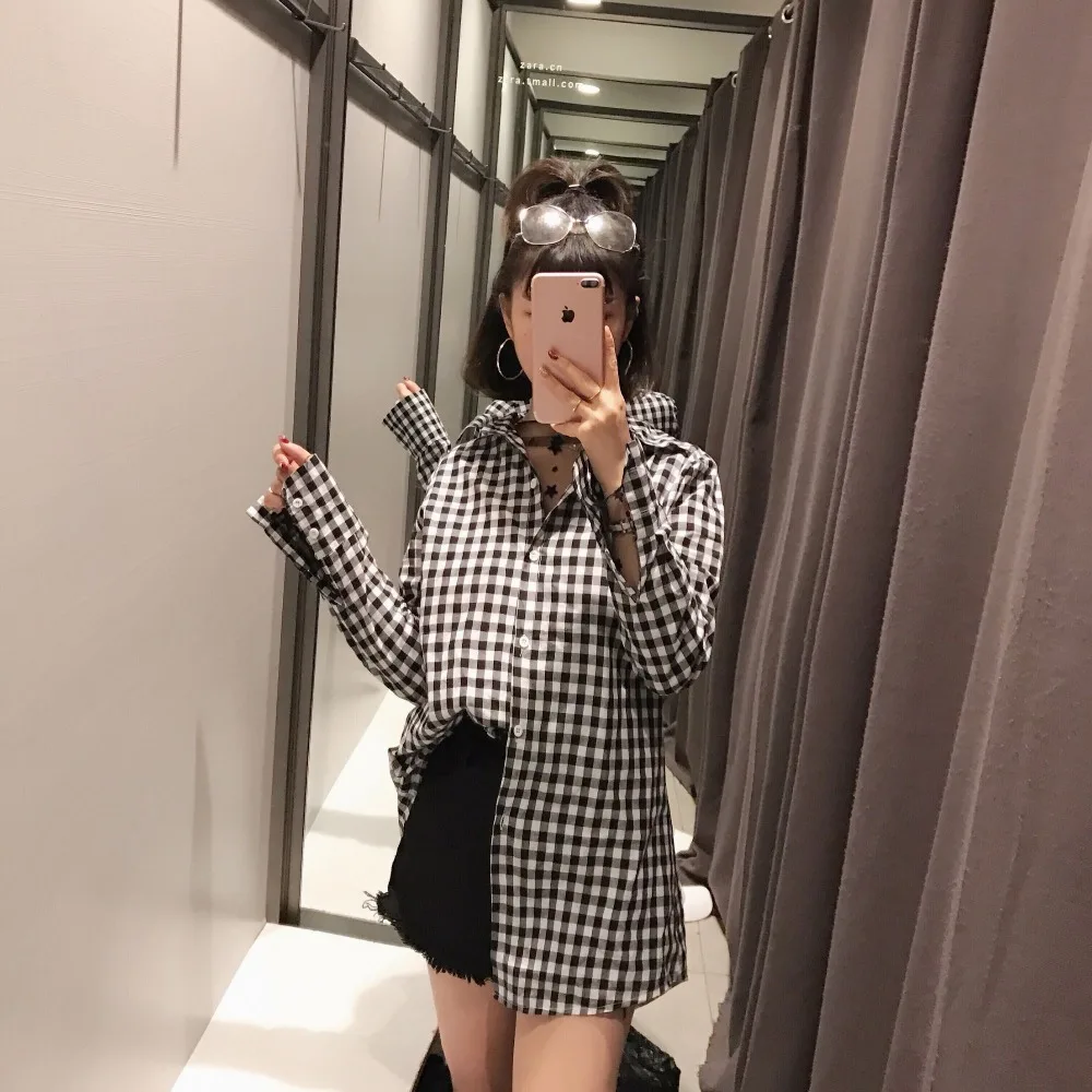 Для женщин Блузки для малышек с длинным рукавом красный черный рубашки в клетку