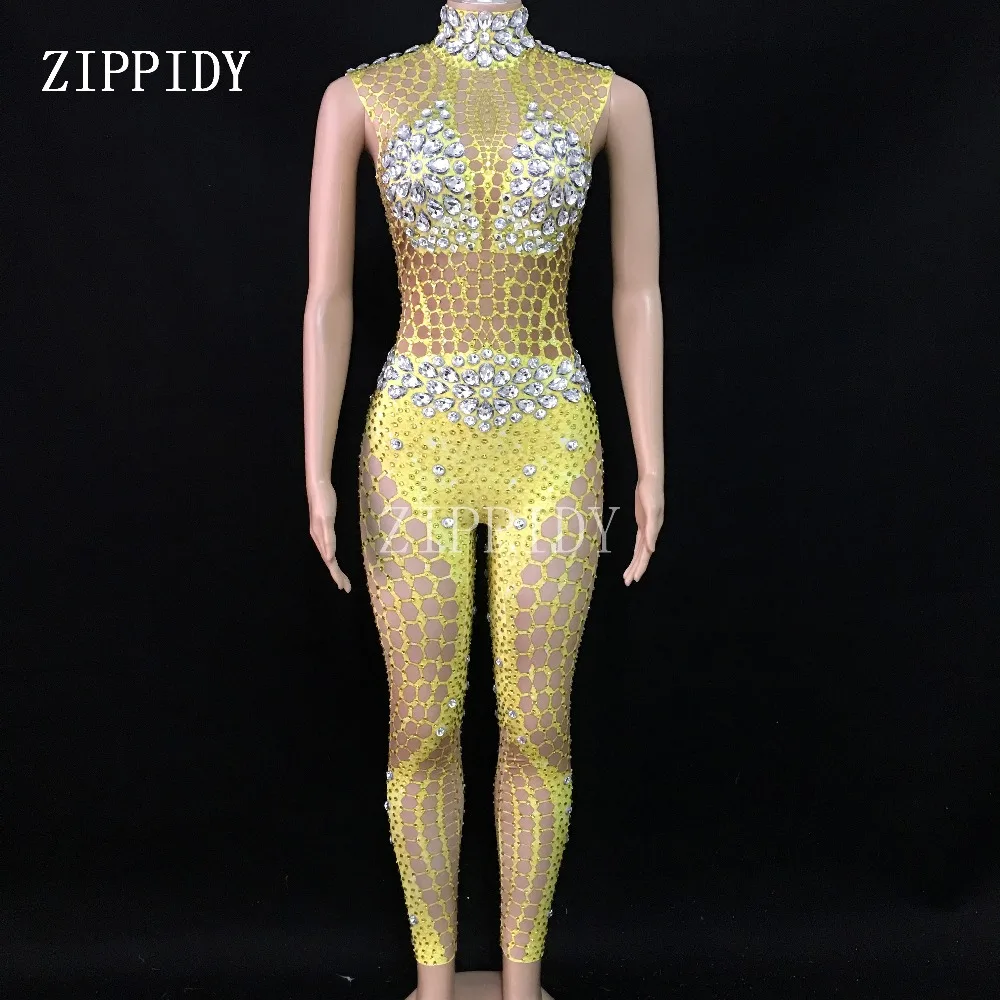 Sexy Gold Sparkly Stones Bodysuit Women Birthday Celebrate Jumpsuit Singer Dancer Performance Fashion Stretch Leggings Outfit