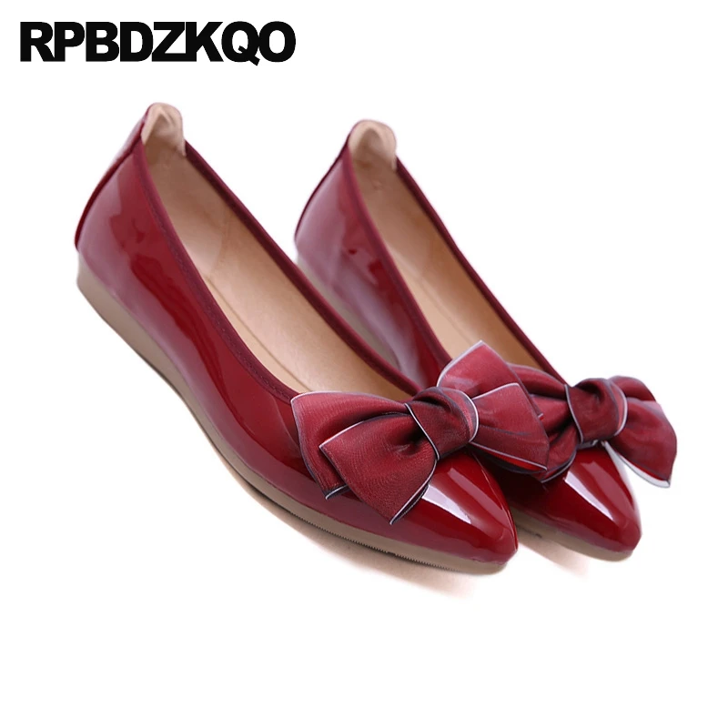 Cheap Pointed Toe Large Size Chinese Patent Leather 2021 Shallow Shoes Ladies Soft Ballet Flats Women Slip On Red Wine Gray Bow | Обувь