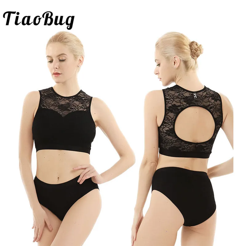 

TiaoBug Women Sleeveless Hollow Pole Dance Clothing Activewear Lace Suits Hot Shorts Crop Tops Set Fitness Dance Wear Costume