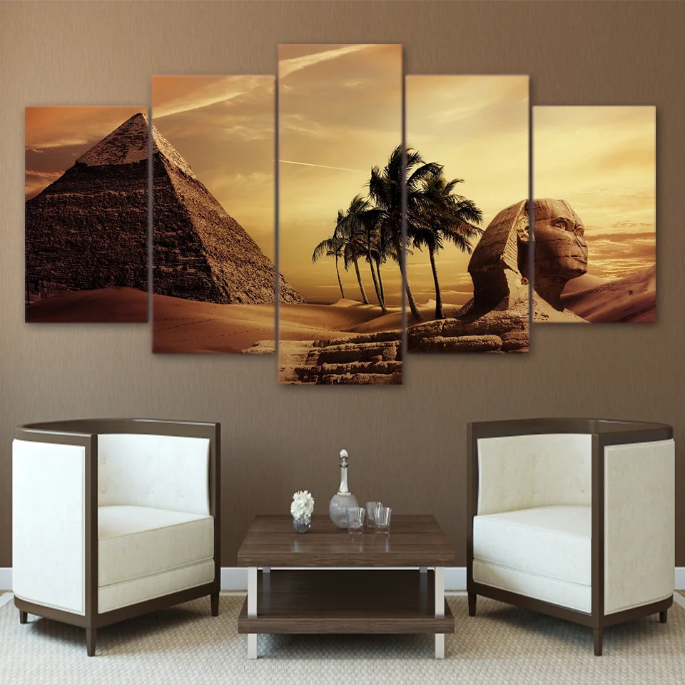 

Canvas Paintings Poster Modular Decor Room Wall 5 Pieces Pyramids Egypt Androsphinx Sunset Scenery Pictures Art Framed HD Prints