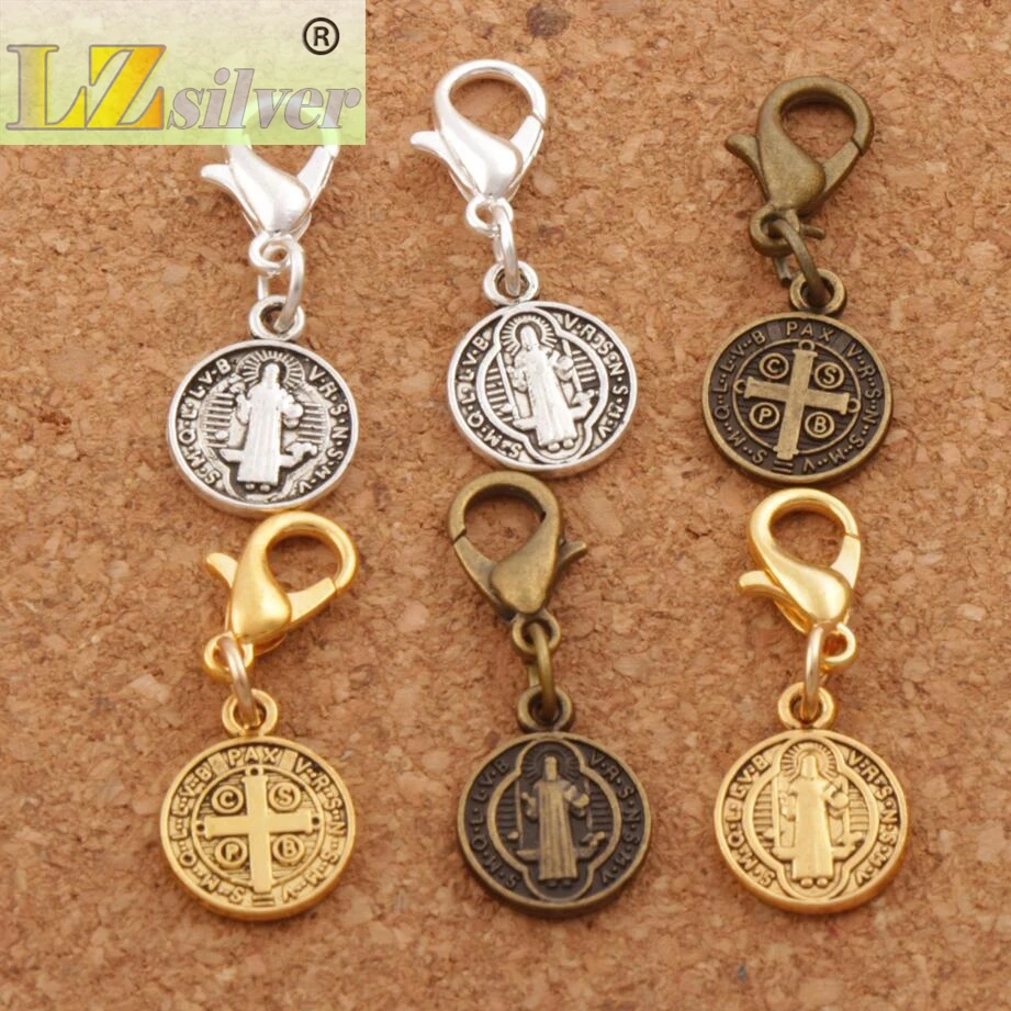 

Saint St Benedict Nursia Patron Medal Cross Clasp European Lobster Trigger Clip On Charm Beads C1650 11ps 2colors