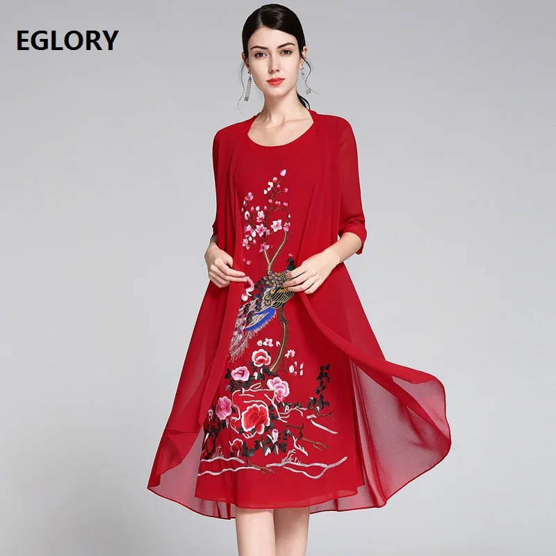 

Top Quality New 1950s Style Dress Women Luxurious Phonix Embroidery 3/4 Sleeve Mid-Calf Length One Piece Dress Birdes Mother