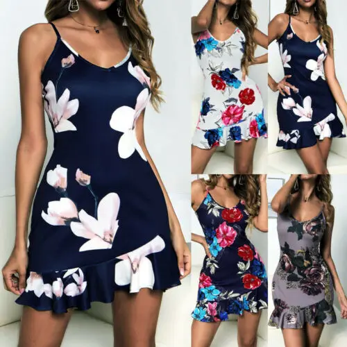 Женское Короткое мини платье в стиле бохо летнее пляжное без рукавов с цветочным