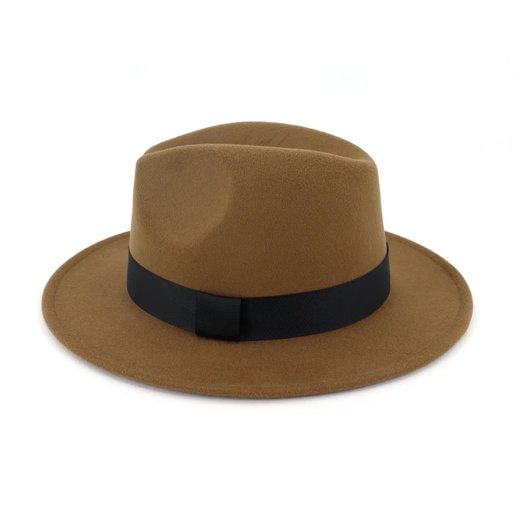 QIUBOSS для мужчин женщин плоские поля Джаз Шерсть фетр Fedora шапки черная лента украшения просто унисекс Панама шляпа игрока Trilby QB54
