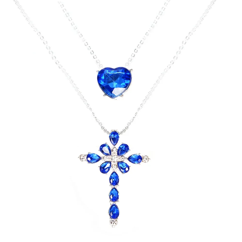 Blue Crystal Многослойный синий кристалл кулон крест с сердцем ожерелье для женщин Мода Стразы океан ювелирные изделия колье заявление День святого Валентина - Окраска металла: Blue Crystal