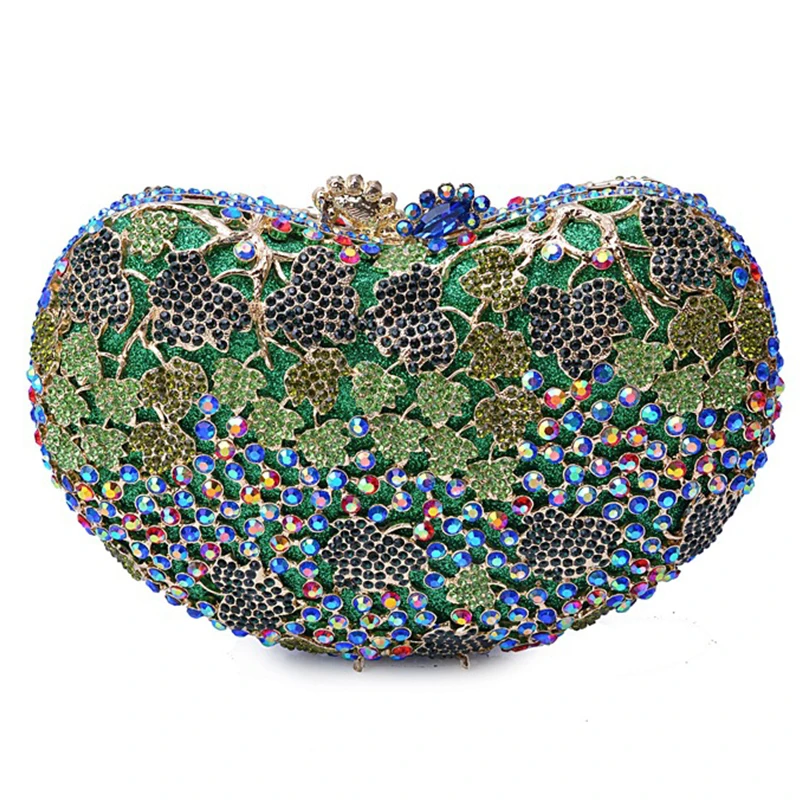 

Luxury Blue Crystal Clutch Heart Shape Green Evening Clutches Bags Hollow Out Purses Rhinestone Women Chain Shoulder Handbags