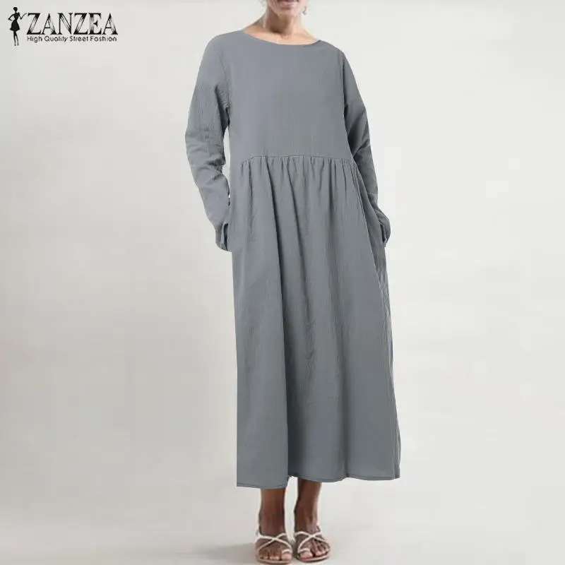 Long Sleeve Pink Женский льняной сарафан ZANZEA размера плюс летнее платье миди Повседневная рубашка с коротким рукавом с высокой талией плиссированное платье Femme - Цвет: Long Sleeve Pink