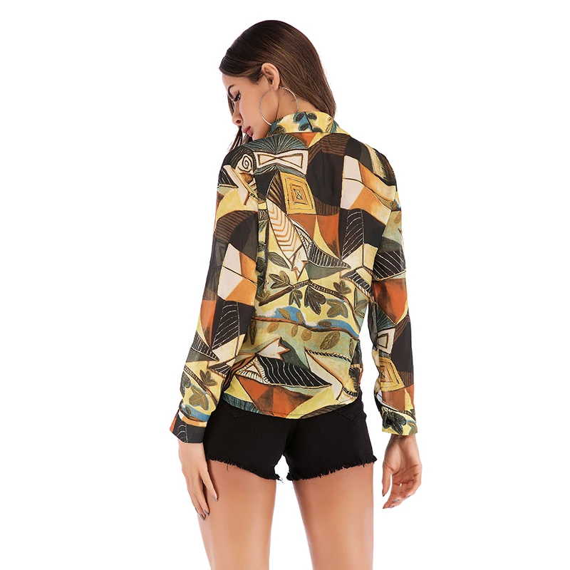 Cacool/желтая Ретро женская летняя приталенная шифоновая блузка с длинным рукавом из хлопка однобортный