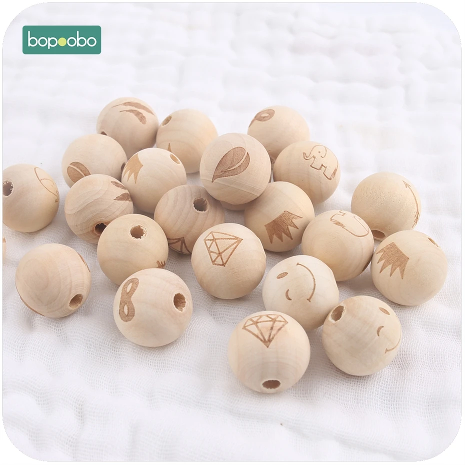 Bopoobo 10pc Wooden Toy Printing Beads DIY Accessory For Necklace Decorative Fitting Teething Accessory Baby Teether 20mm