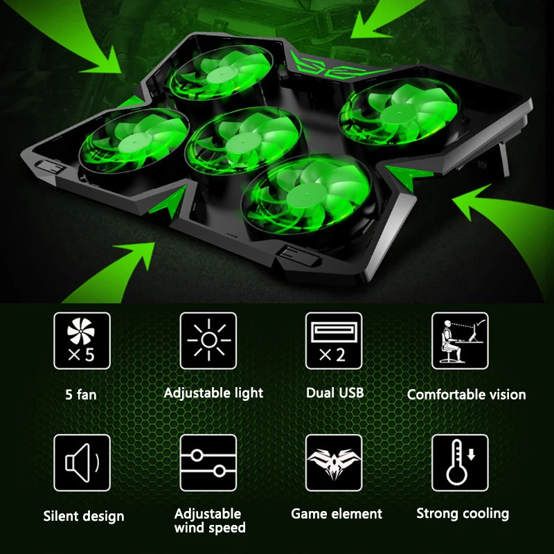 

2 USB Laptop Cooler 5 Fan Cooling Pad Base LED Notebook Cooler Computer USB Fan Stand Compatible For Macbook Pro 17 inch