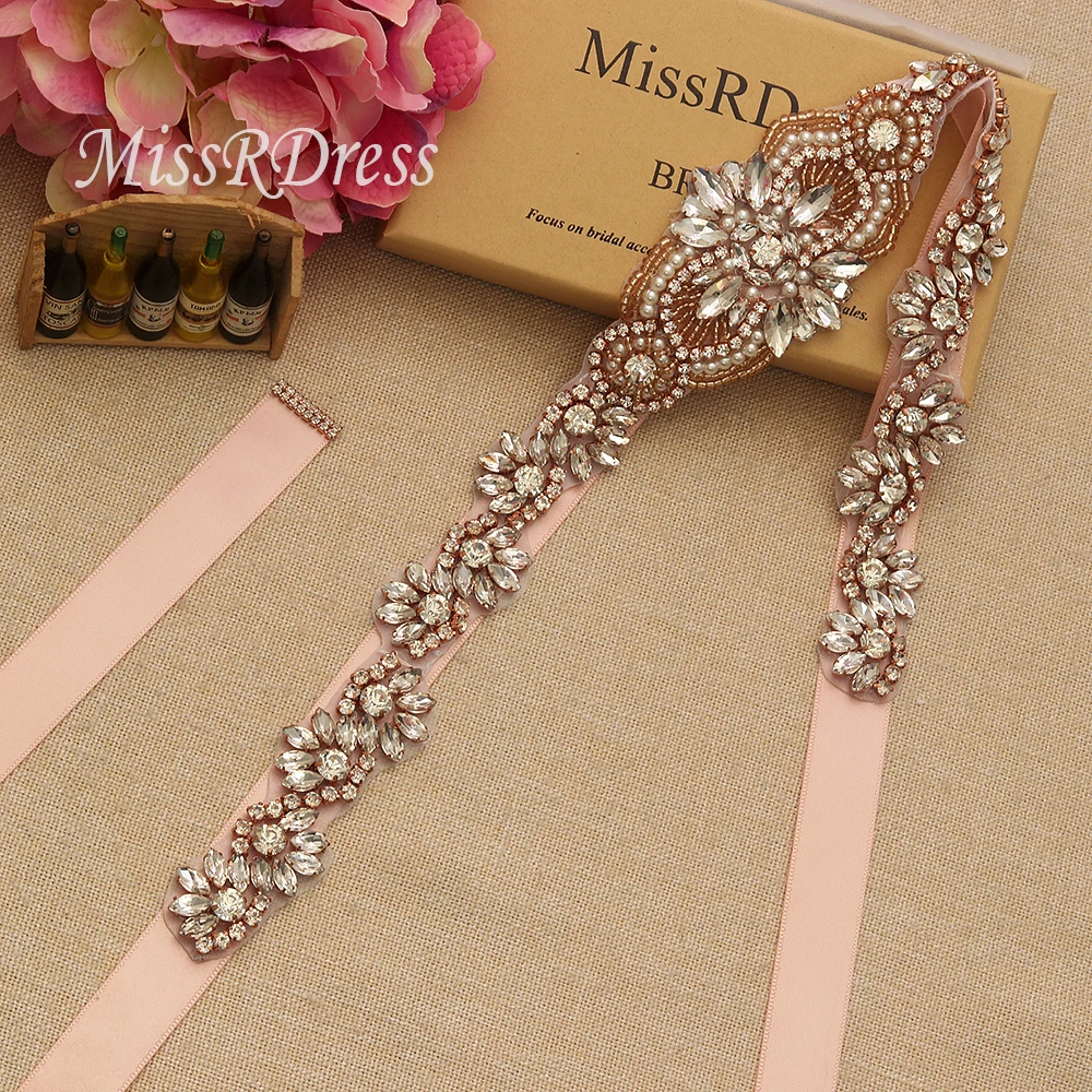 

MissRDress Pearl Bridal Belt Sash Bead Rhinestone Wedding Belt Rose Gold Crystal Bridal Dress Sash For Wedding Accessories JK833