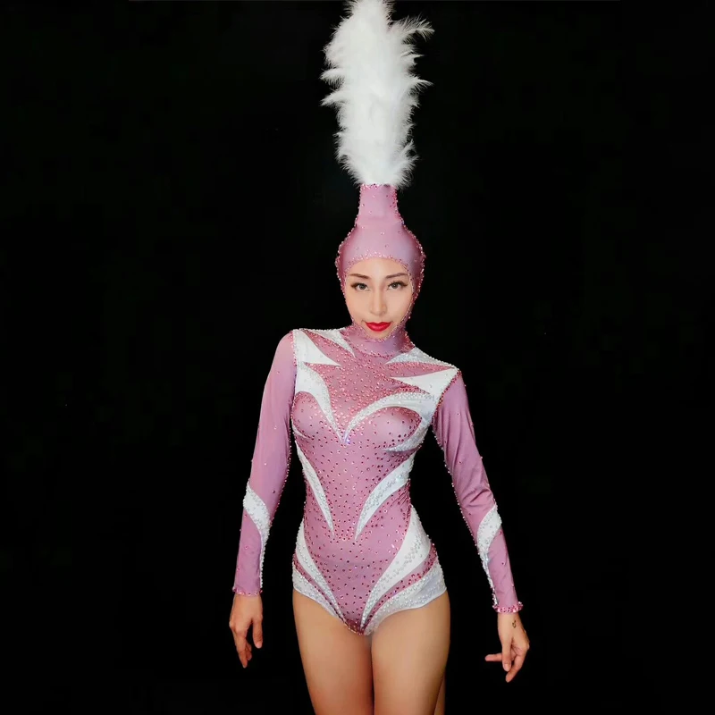 Новый сексуальный розовый костюм кошка Zentai Стразы с головой танцевальный для