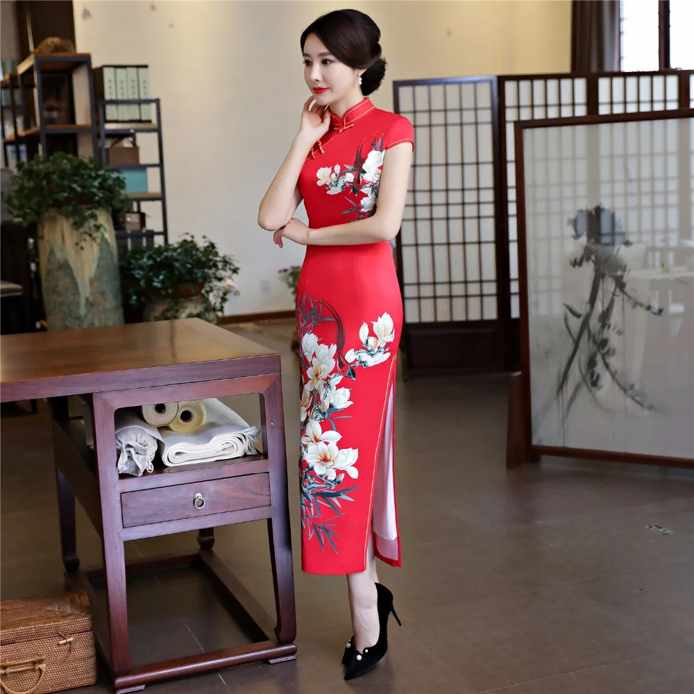 Шанхай история искусственного шелка Qipao Платье длинное Cheongsam национальный тренд платья короткий рукав тонкий Традиционный китайский платье для женщин