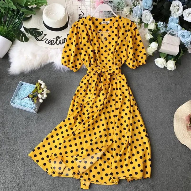 Женское пляжное платье в горошек Boho облегающее длинное Бандажное с v-образным