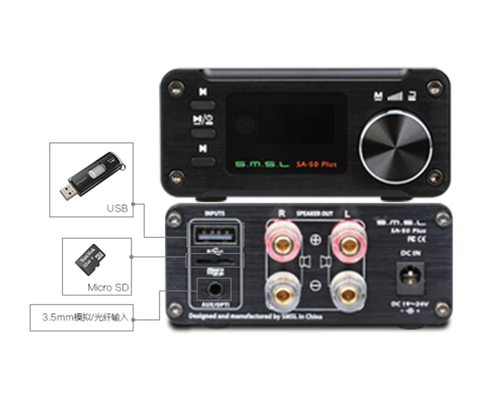 SMSL SA-50 Plus HiFi 50 Вт AUX оптический USB диск портативный усилитель мощности цифровой усилитель