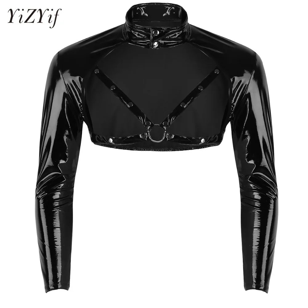 YiZYiF Sexy Mens Wetlook Leather Muscle Tank Top Gay Male Clubwear Stage Costume Shiny Long Sleeve Crop Tops With Studded Button