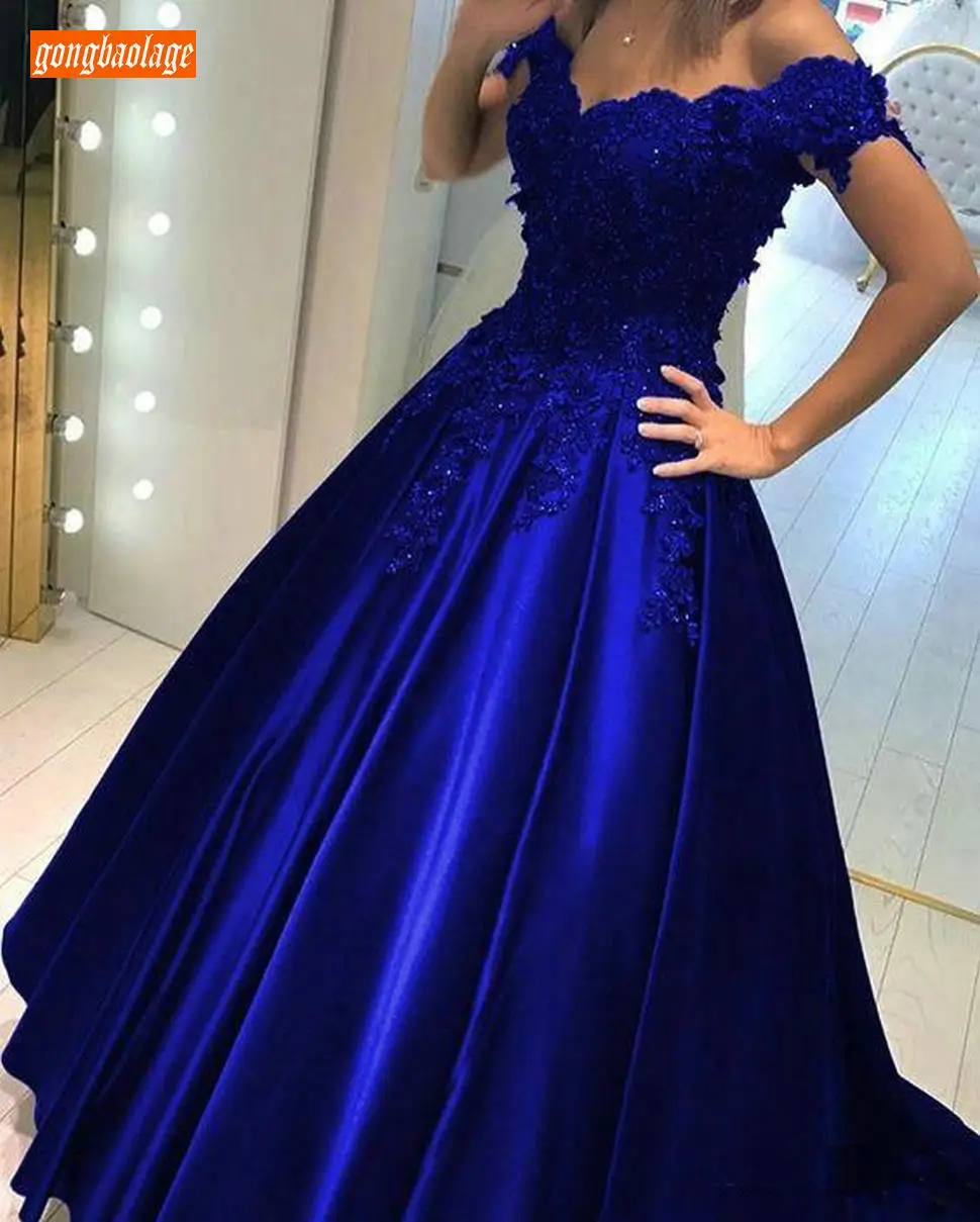 Gorgeous Dark Navy Ball Gown Evening Dresses Off Shoulder Appliques Beaded Satin Formal Dress 2020 Engagement Party | Свадьбы и