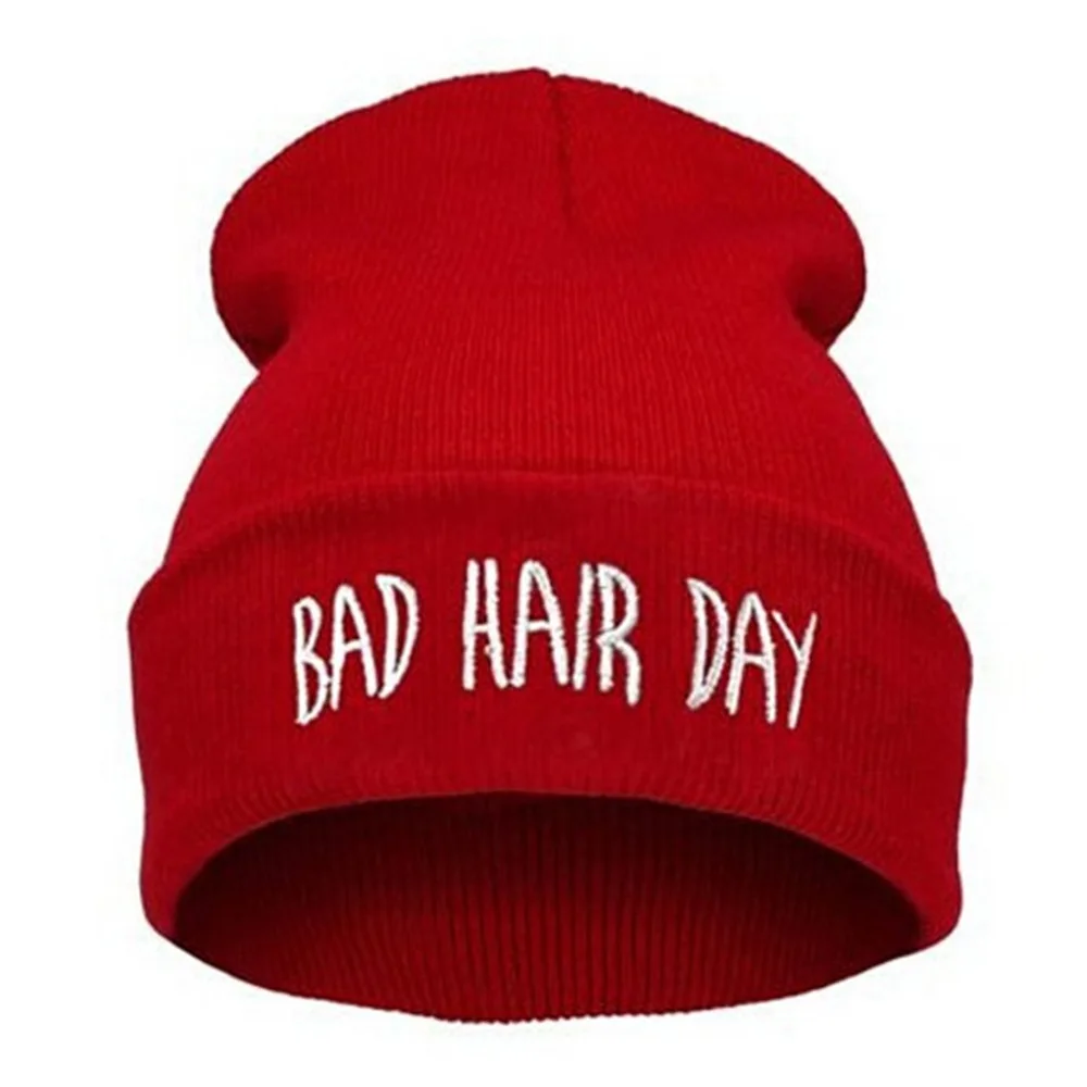 Зимние шапки унисекс для мужчин и женщин Шапка-бини с надписью Bad Hair Day вязаная