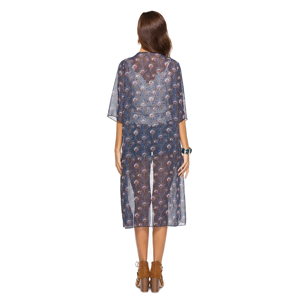 Spring Summer New Ladies Beach Cover Shirt Three Quarter-sleeved Printed Chiffon Cardigan Original Women |