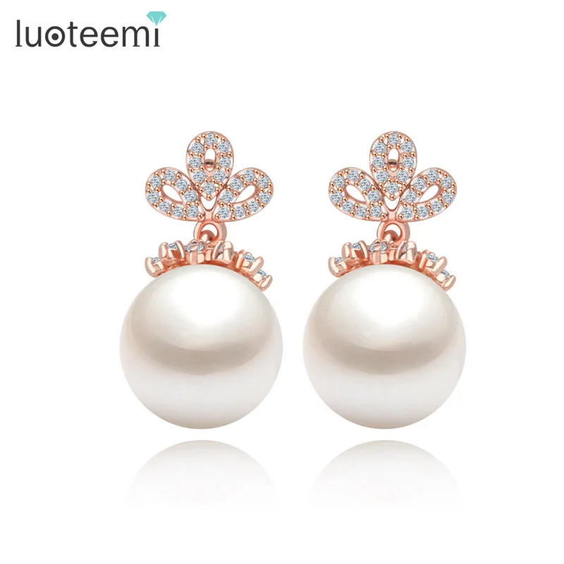 

LUOTEEMI Coming Korea Design White Round Simulated-Pearl Charm Girl Tiny Cubic Zirconia Earrings For Lady Dancing Jewelry