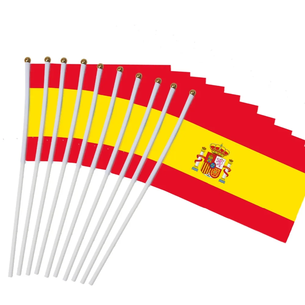 

14x21cm 10pcs The Spanish flag hand waving flags with Plastic Flagpoles Activity parade Sports Home Decoration NC013