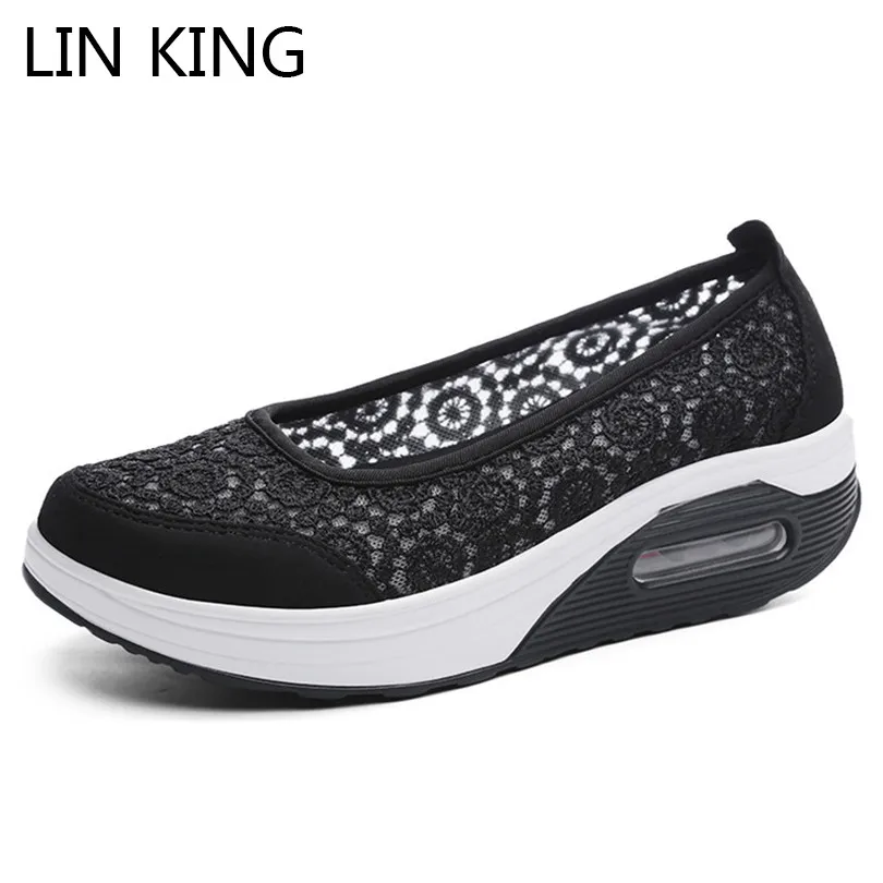 Женские кроссовки на танкетке LIN KING черные дышащие платформе шнуровке среднем