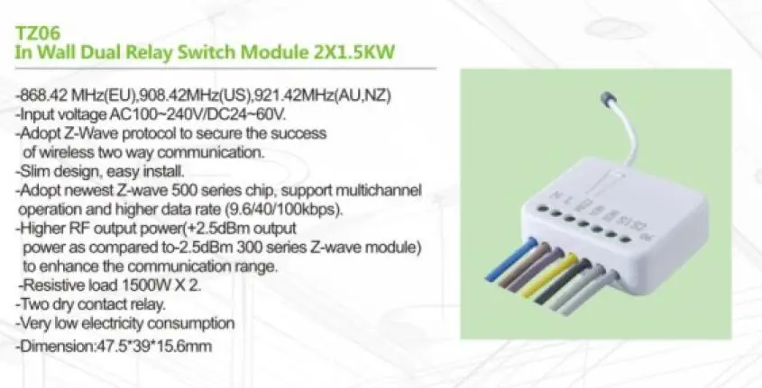 Чистый запас цена Z wave TKBhome TZ06 US908.42MHZ двухполосный релейный переключатель