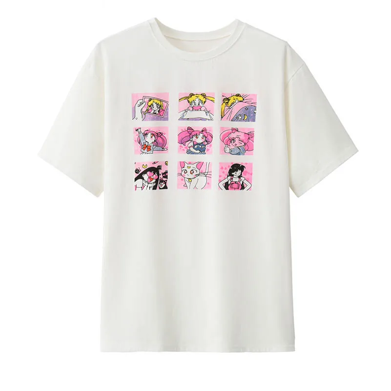 Kawaii футболка летние женские топы Harajuku сладкий принт Сейлор Мун свободный короткий рукав плюс размер футболка Femme