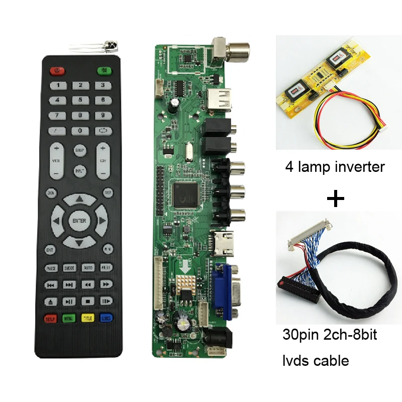 V56 Универсальный ЖК ТВ контроллер драйвер платы ПК/VGA/HDMI/USB интерфейс 4 лампы Инвертор+ 30pin 2ch-8bit lvds кабель+ 7 клавиатуры 560284