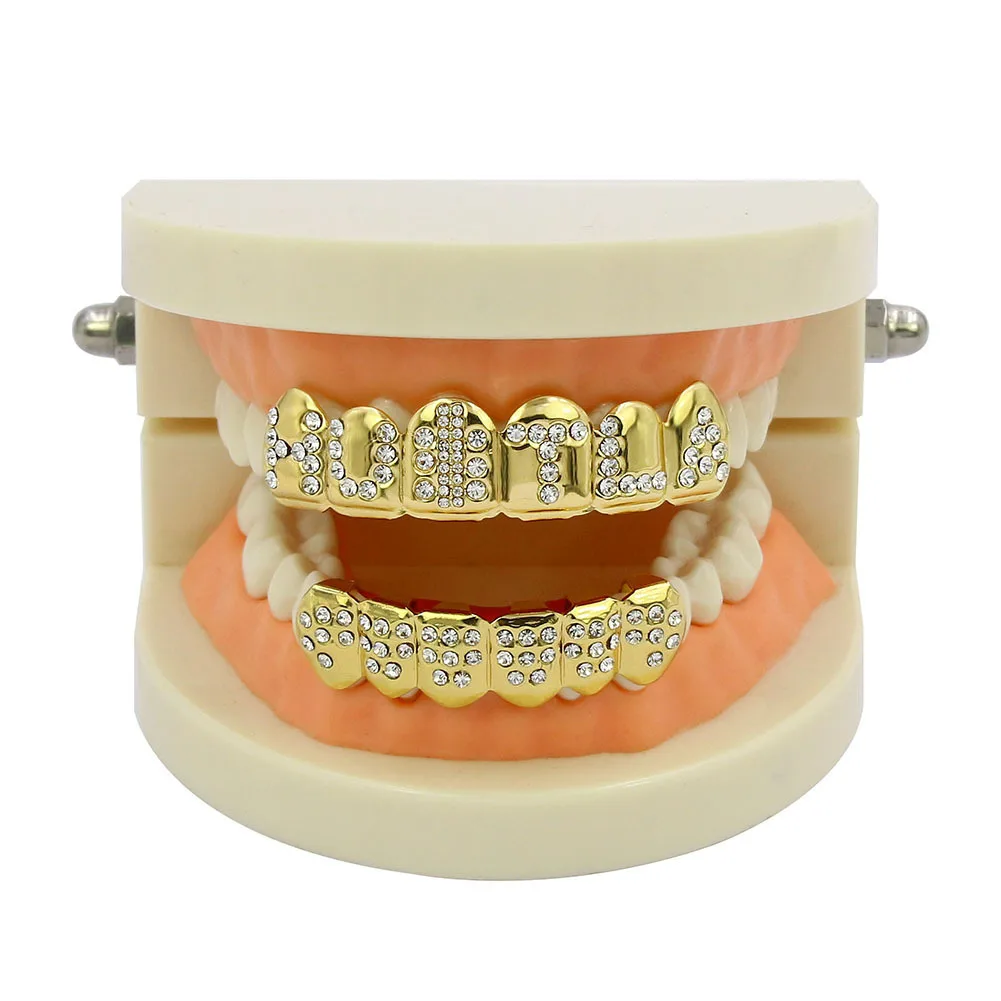 iced out Teeth Grillz Hip Hop Gold letter Dental Grills Mouth Punk Caps Cosplay Party Tooth Rapper for men women Gift | Украшения и