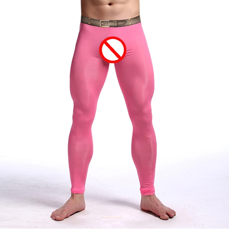 Mens Brand Sexy Nylon Transparent Long Johns Printed Fake Belt Homme lce Silk Sheer Leggings Bottoms/Gay Lounge Tights Underwear