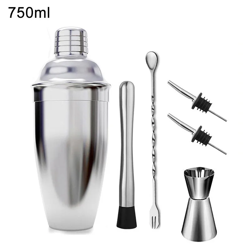 750ml 6pcs set Шейкер для коктейлей из нержавеющей стали, набор, венчик для мартини, Бостонский шейкер для бармена, вечерние барный коктейль-шейкер, инструменты, 550 мл, 750 мл - Цвет: 750ml 6pcs set