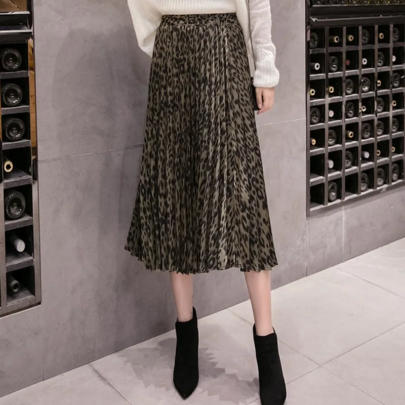 2018 Autumn and Winter New Women's Skirt Sexy Elastic Waist Leopard Pleated All Match Faldas Mujer Moda Plus Size Saia | Женская