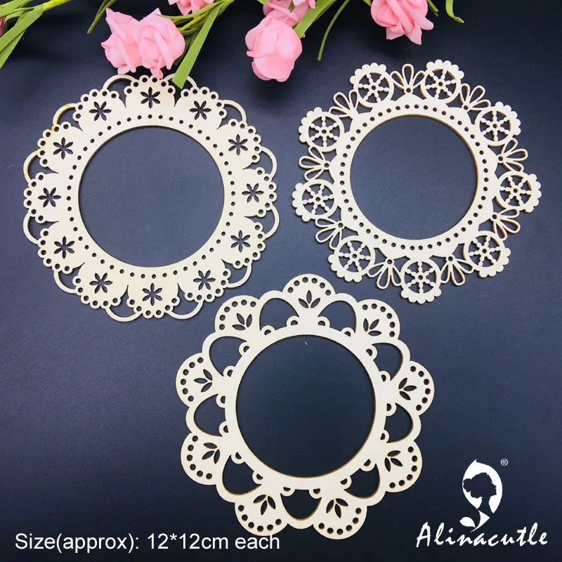 3pc lace border circle frame Natural laser Wood Chips Embellishments Scrapbooking Crafts Handmade card Art Album Alinacraft