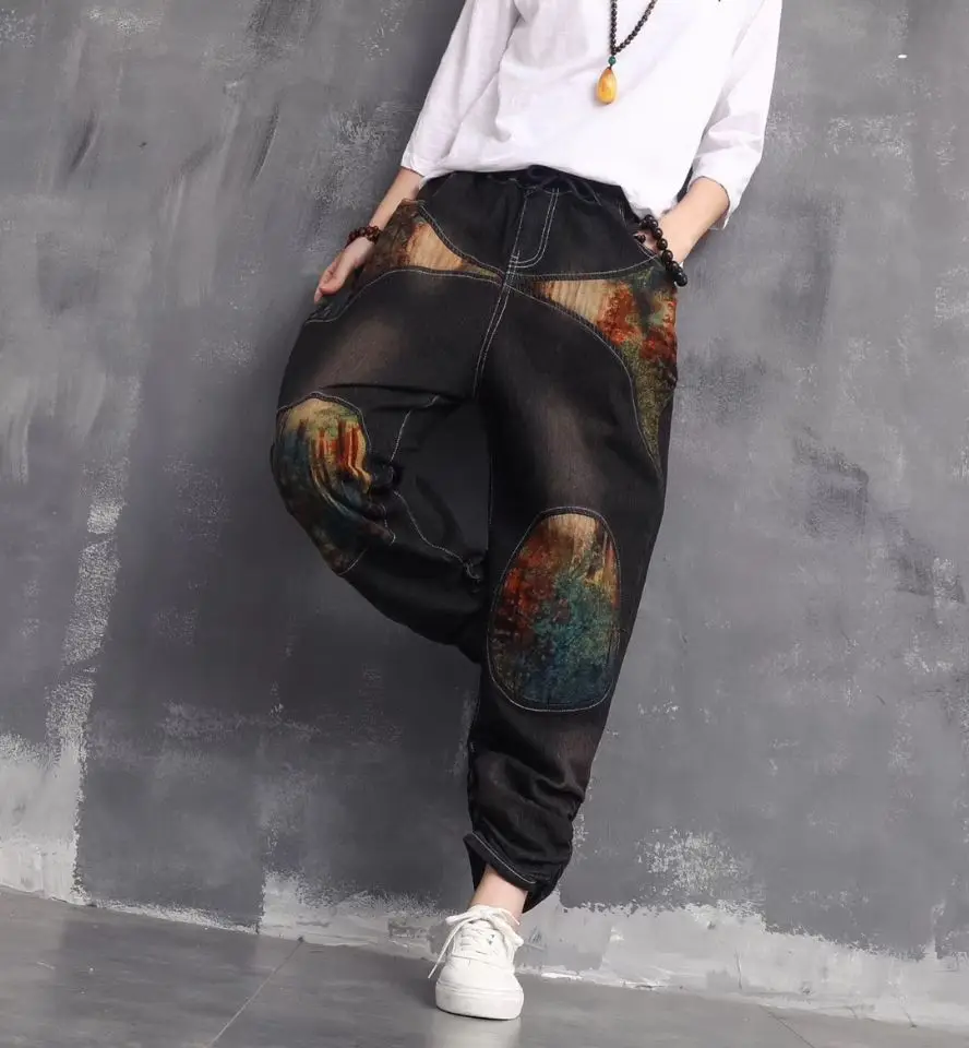 

2019 summer retro literary wave fan stitching white elastic waist jeans loose slimming casual pants women