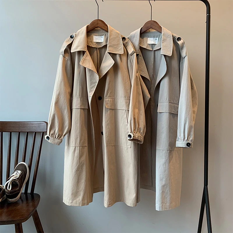 

Long Trench Coat for Women 2021 Autumn New Solid Color Loose Outwear Large Size Windbreaker Turn Down Collar Women's Trench Coat