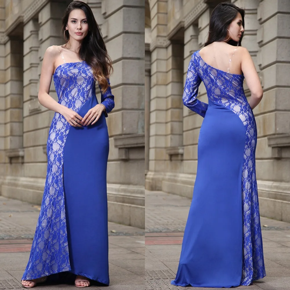 2017 Женщины Повседневная Кружева Dress Спинки Империя Одно Плечо Боди Макси