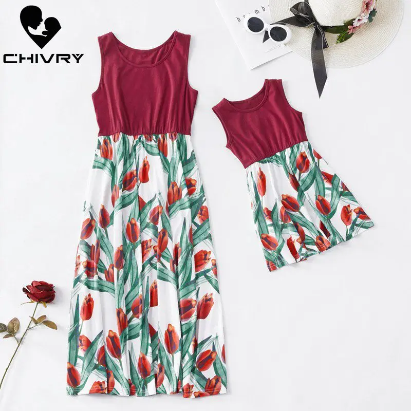 

Новинка, модные платья для мамы и дочки Chivry, лоскутное платье без рукавов с цветочным рисунком, сарафан для мамы и дочки, семейная Одинаковая...