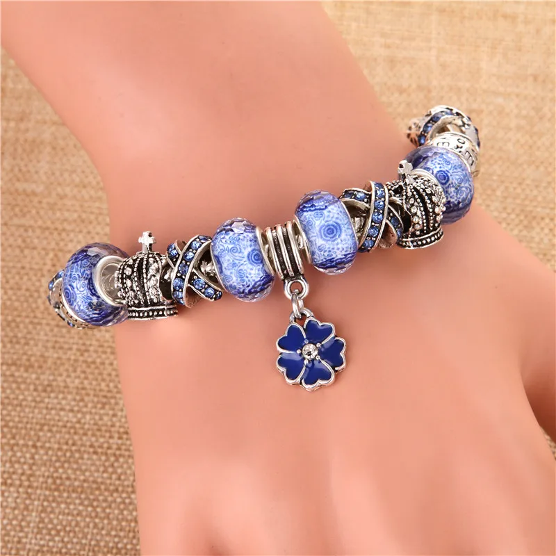 European Style Silver plated Flower Pendant Blue Crystal Fashion DIY Elegant Charms Pand Bracelets &amp Bangles For Women Gift | Украшения