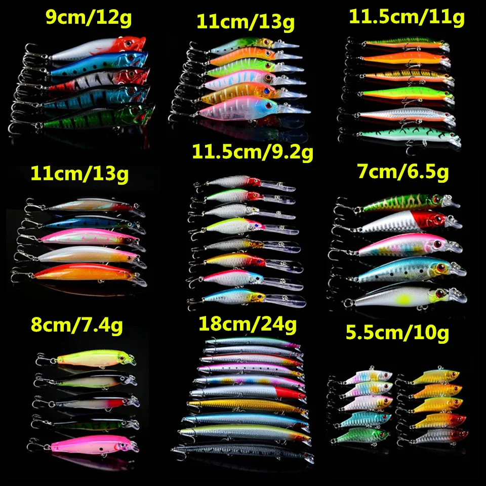 60pcs/lot Hard Baits Mixed 9 Different Style Fishing Lures Quality Lifelike Bass Crankbait Wobblers Fishing Tackle 60 Colors